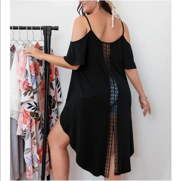 Plus Size Drop Cold Off shoulder Hi low Lace Cut Out Back Top Blouse Tee Black - Picture 1 of 5
